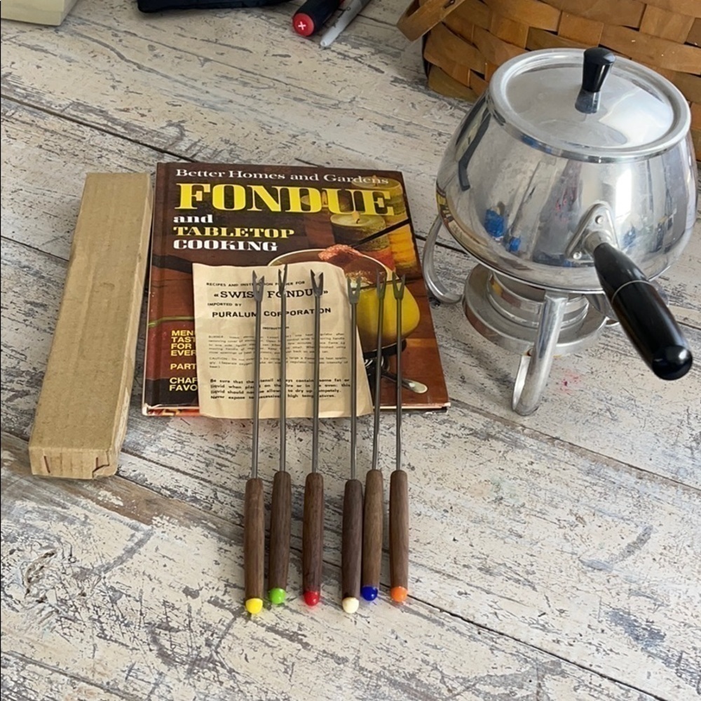 Vintage Puralum Corp. fondue set with book recipes